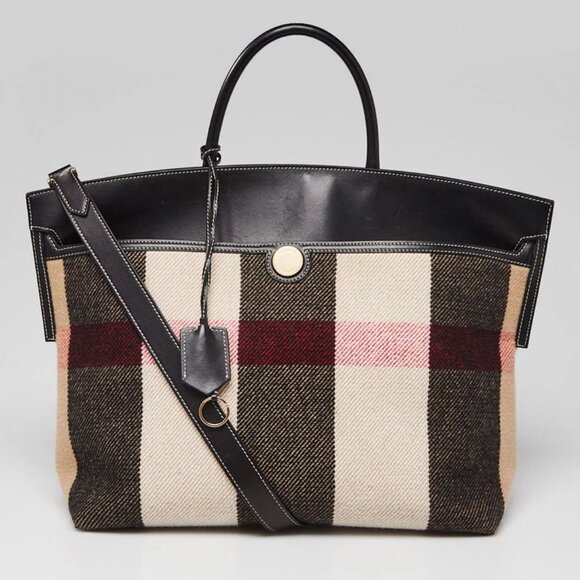 Burberry Black Leather Check Wool Medium Society Tote Bag - Picture 1 of 12